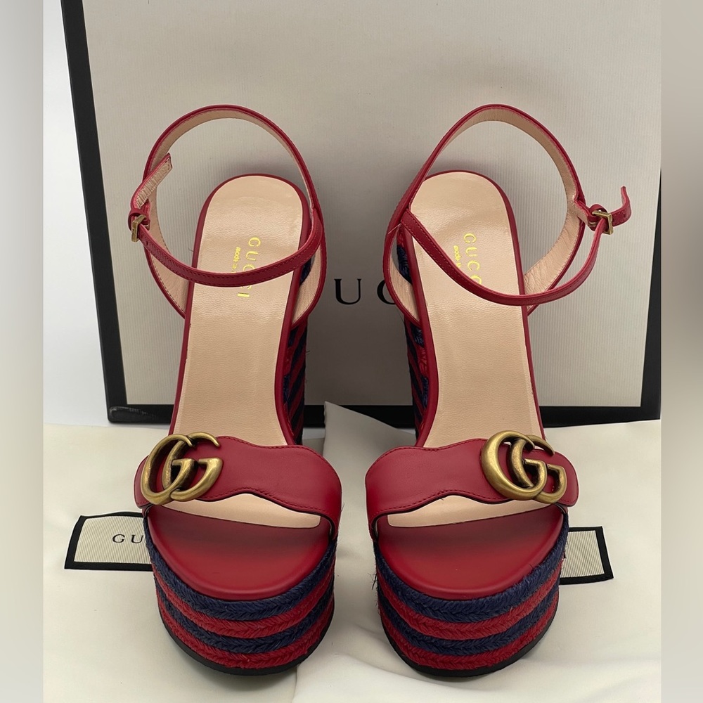 Authentic GUCCI Marmont Double G Leather Espadrille Platform Sandals - Picture 12 of 16